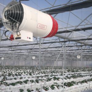 Turbo calefactor CF450 en invernadero HighTech con cultivo de tomates.